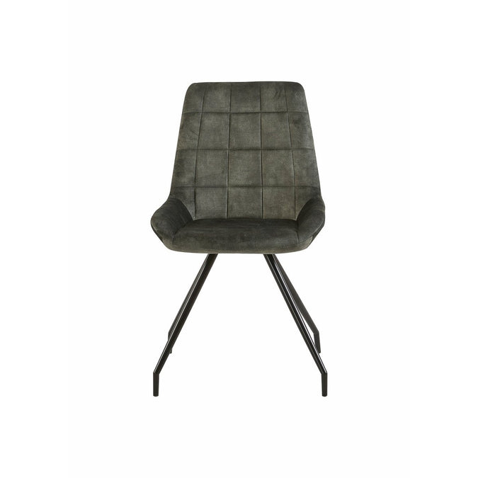 Dunkelgrauer Esszimmerstuhl mit schwarzen Beinen.