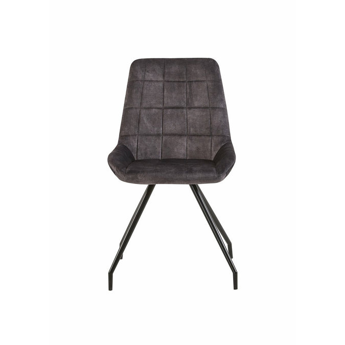 Dunkelgrauer Esszimmerstuhl mit schwarzen Beinen.