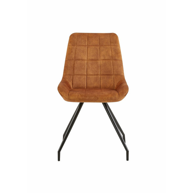 Brauner Esszimmerstuhl mit schwarzen Beinen.