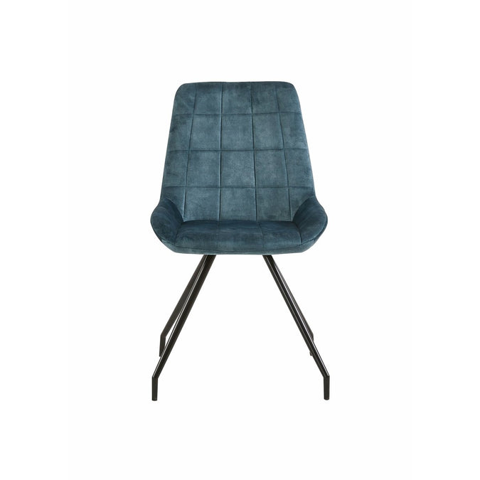 Blauer Esszimmerstuhl mit schwarzen Beinen.