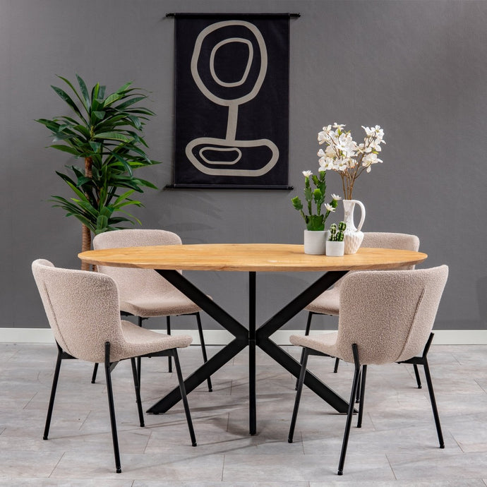 Esszimmerstuhl Lille Sand Bouclé Stoff mit schwarzem Fuß Mahom