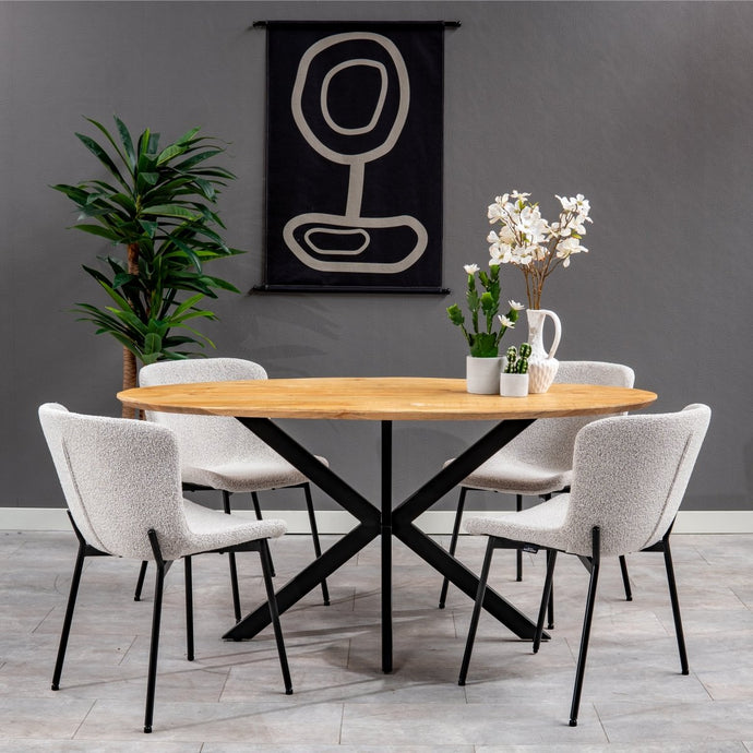 Esszimmerstuhl Lille Beige Bouclé Stoff mit schwarzem Fuß Mahom