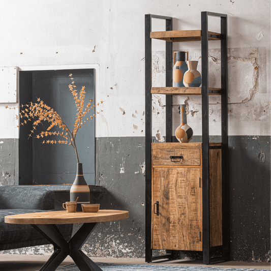 Mangoholz Bücherschrank Plano mit 1 Tür und 1 Schublade Mahom