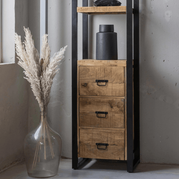 Mangoholz Bücherschrank Plano mit 3 Schubladen Mahom