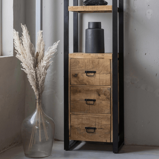 Mangoholz Bücherschrank Plano mit 3 Schubladen Mahom