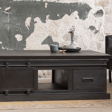 Mangoholz Couchtisch Portland Schwarz 120 cm 4 Schubladen Mahom