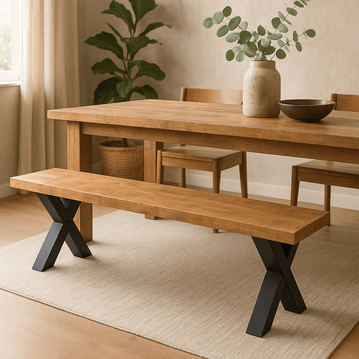 Holzbank für das Esszimmer mit schwarzen X-Beinen.